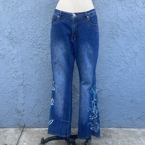 y2k Flare Jeans Sz 10 Blue Floral Embroidered Denim Waist 32 Americana brand